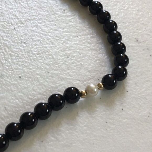Vintage Imperial-Deltah Onyx Bead Necklace 14K Gold Clasp Pearls Signed IPS - Picture 7 of 11